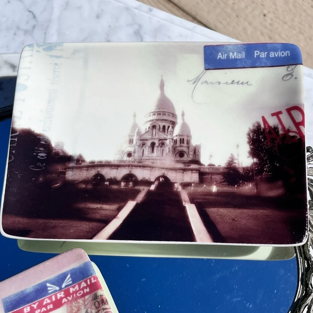 Restoration Hardware Vintage Parisian-themed Postcard Plates Trinket Trays Set 3